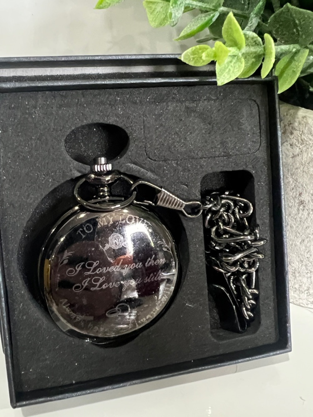 Engraved Black Pocket Watch with Chain - "I Loved You Then"